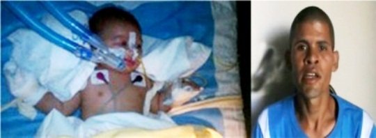 El niño Angel Manuel Cáceres de dos meses y quien se recupera satisfactoriamente. A la derecha, el padre quien se declara no culpable de la acusación.